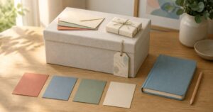 失恋後の思い出の品を保管箱とノートに分けて整理する机上の様子